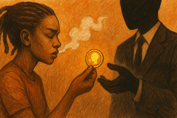 A young woman exhales as she holds a glowing coin, her breath visibly captured inside it, while a faceless figure in a suit reaches out to take it from her